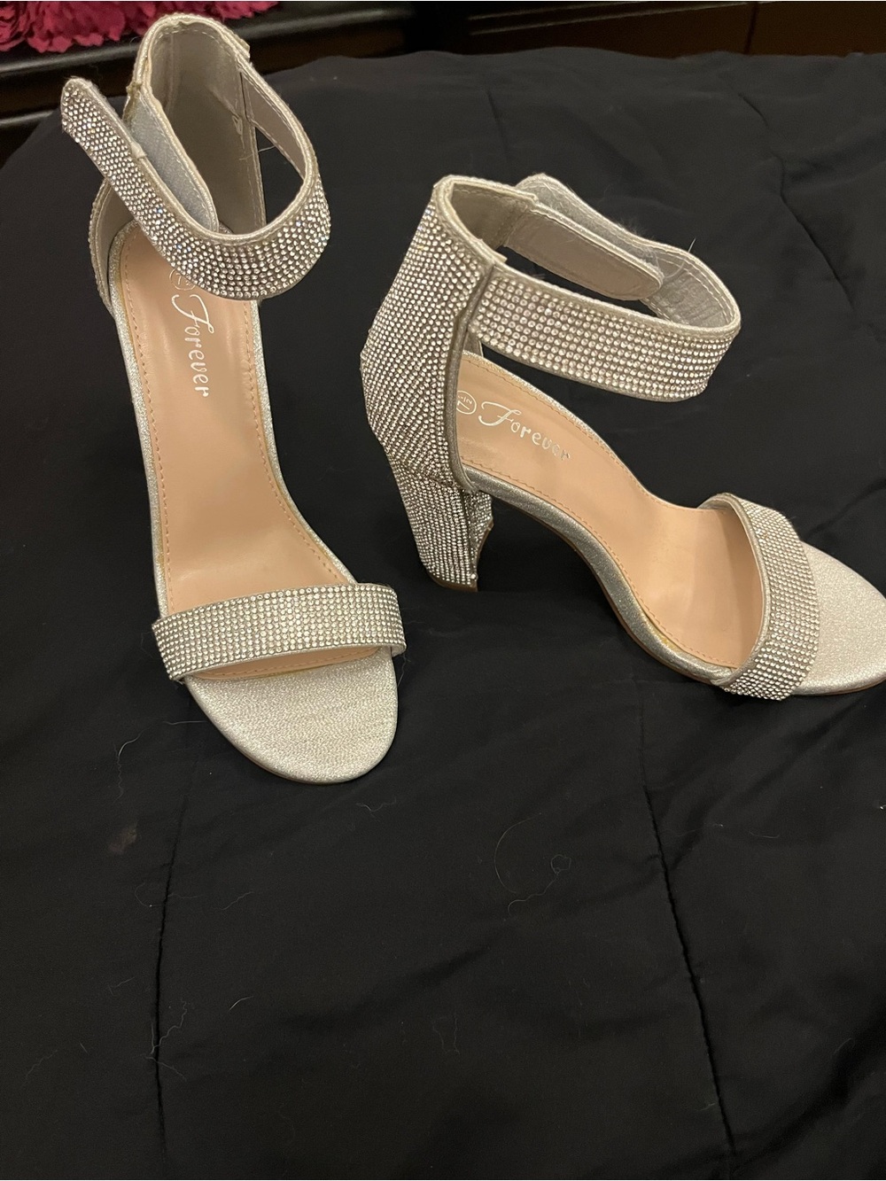 Forever 21 Silver Rhinestone Ankle-Strap Block Heels